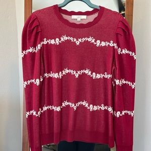 LOFT Red Sweater with White Floral Accents